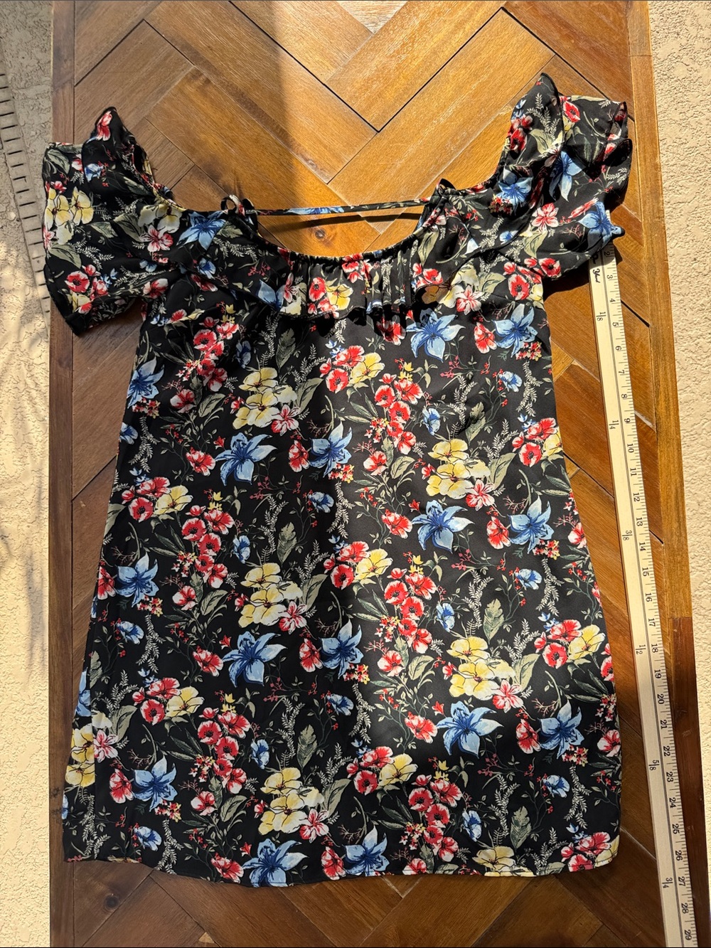 Abercrombie & Fitch Black Top with Red, Blue & Yellow Floral Trim